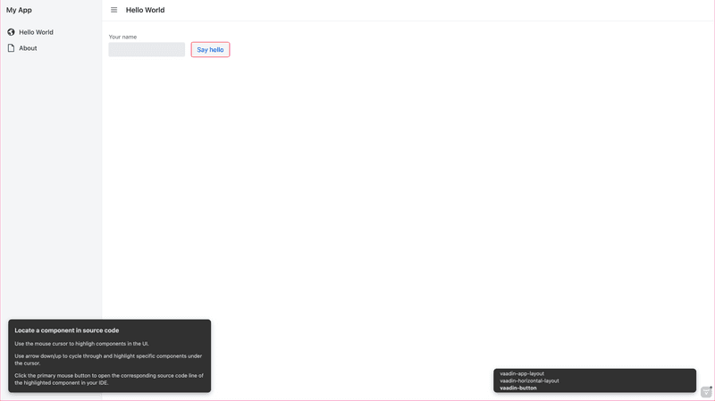 Component Locator highlighting and identifying the Button component.