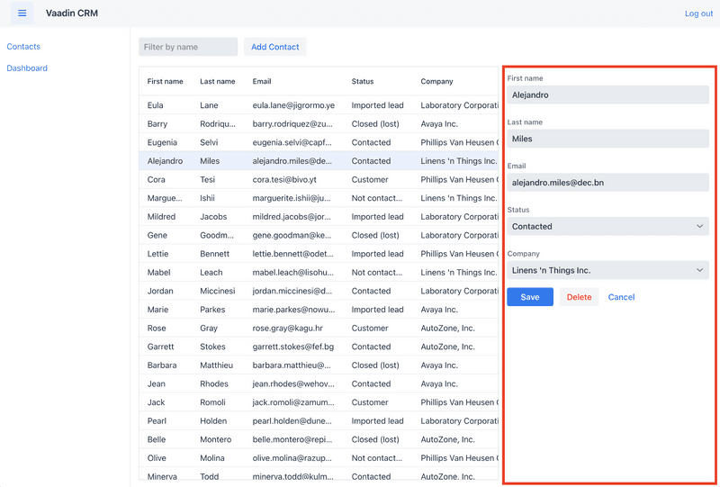 A screenshot of the application highlighting the contact editing form