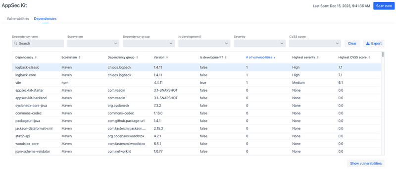 dependencies tab