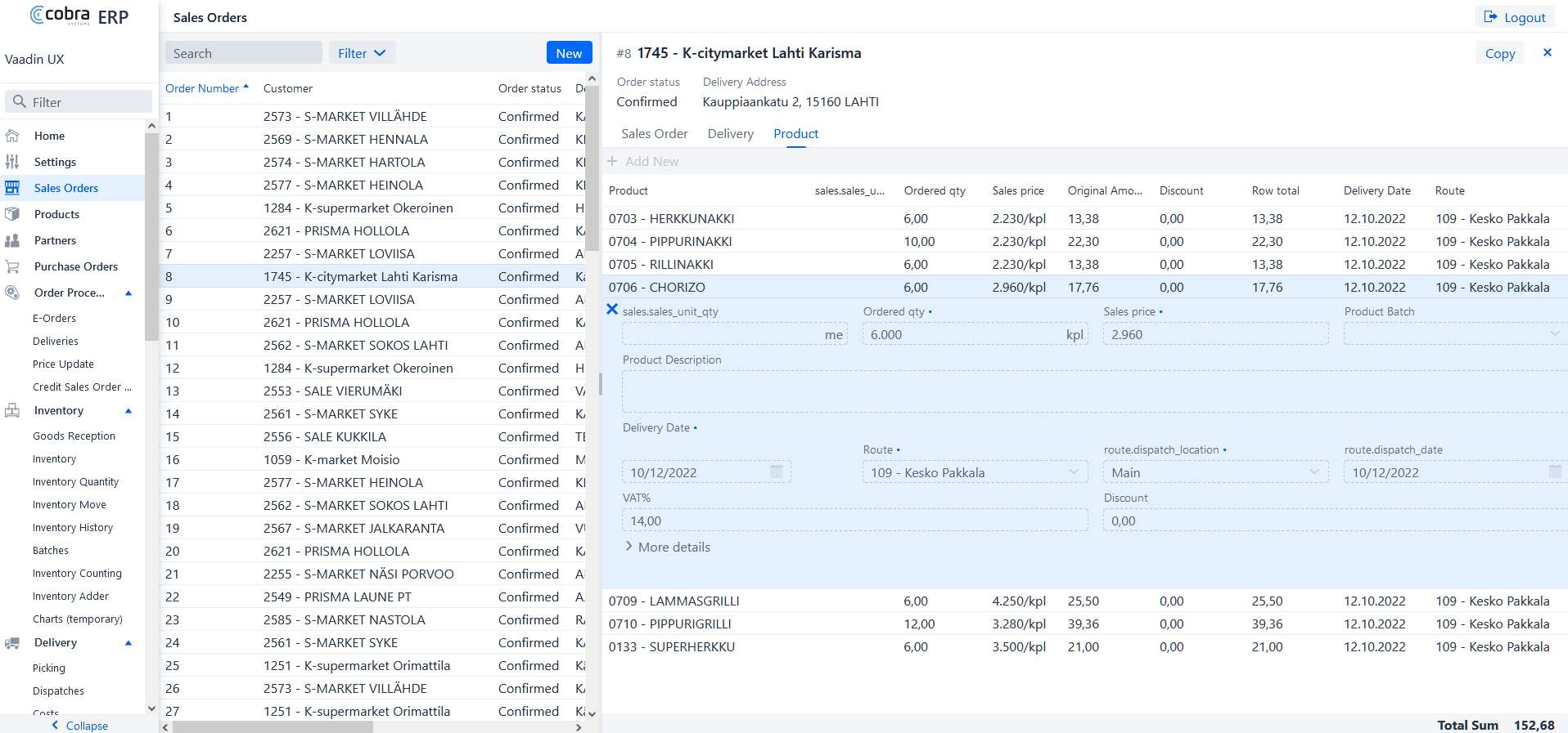 Desktop view of sales orders after UX tuning.