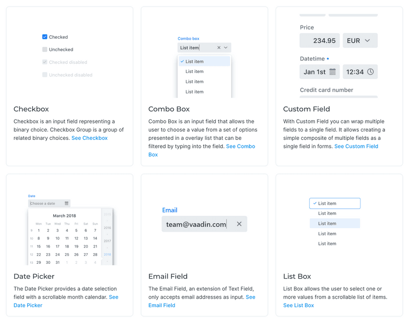 A grid of Vaadin components